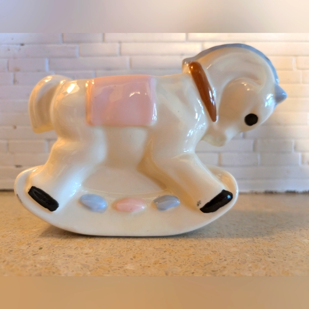 Rare Vintage Rocking Horse Planter Pink and Blue Porcelain Baby Plant Room Decor
